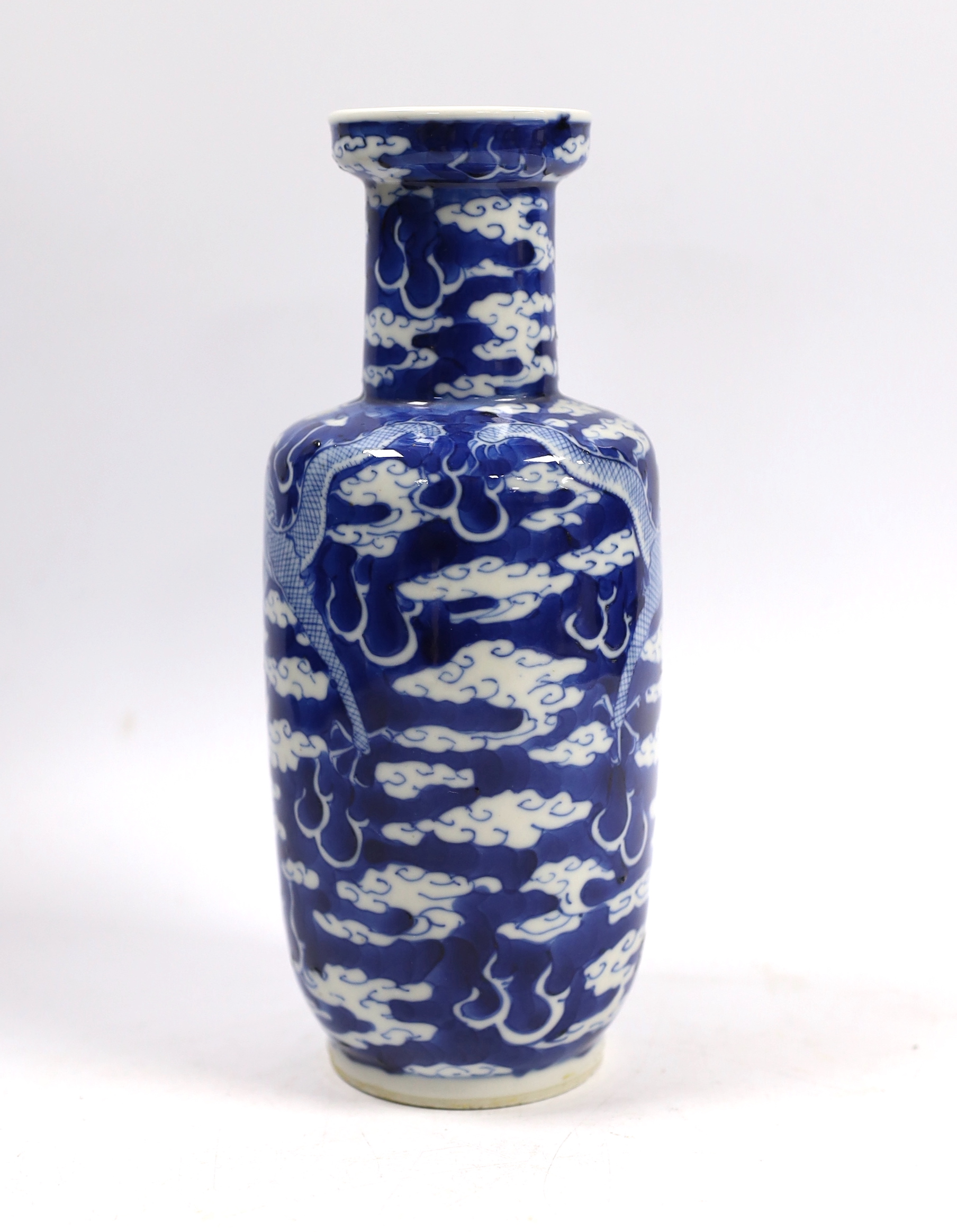 A Chinese blue white ‘dragon’ rouleau vase, Kangxi mark, late 19th century, 21cm high